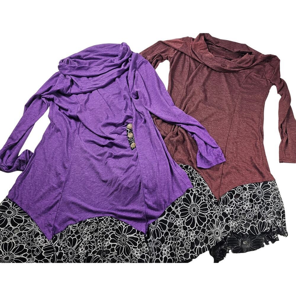 Lot of 2 DIFFERENT SIZES tunic top purple pink lace accent M / L cowl neck NWOT